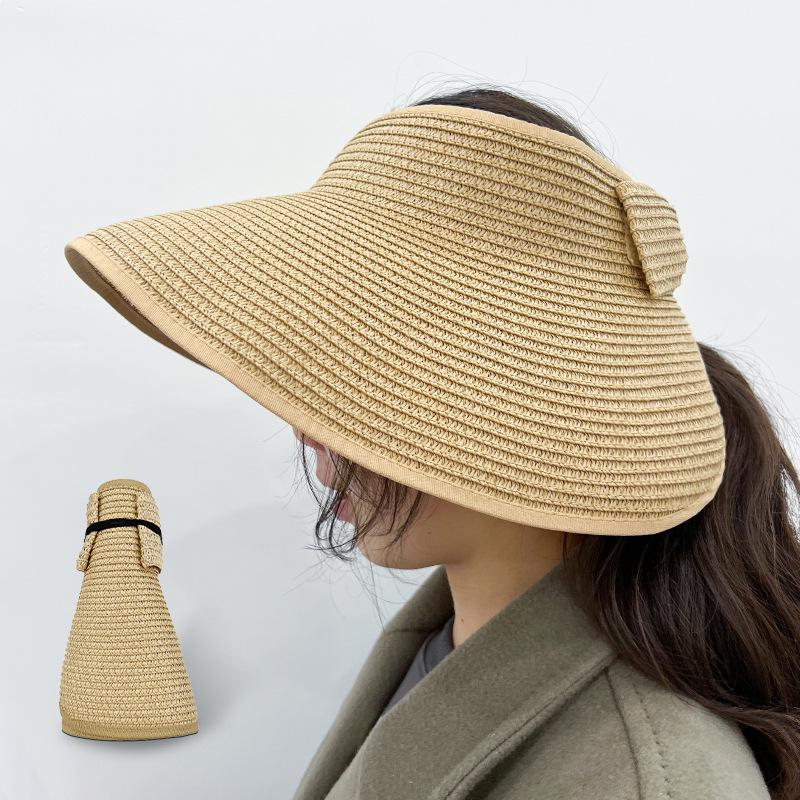 Foldable Straw Sun Hat with Wide Brim, Anti-UV Protection, and Bow Design for Outdoors