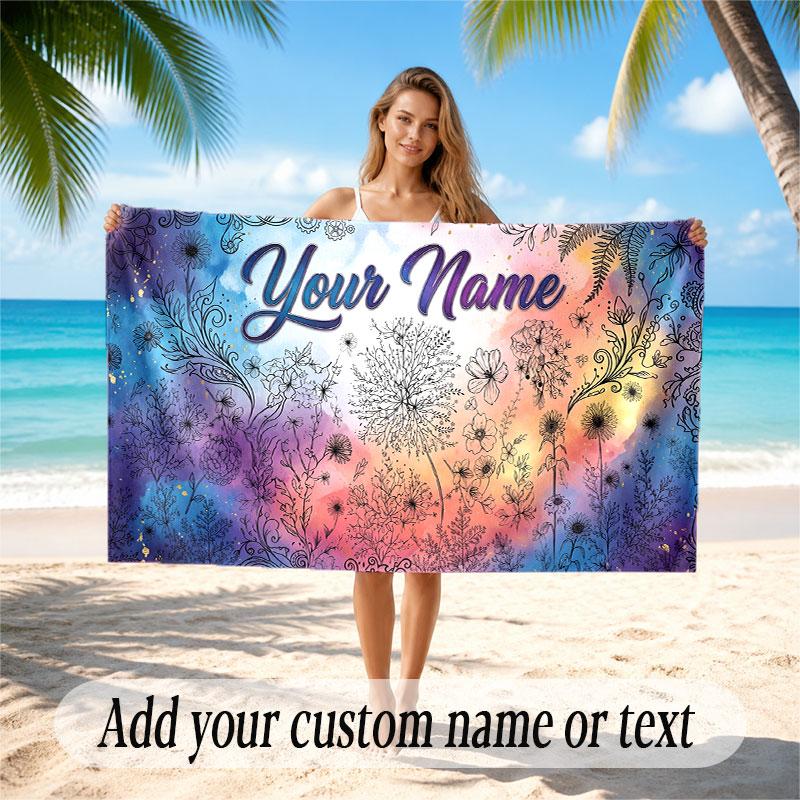 Floral Garden Theme Soft Beach Towel Personalized Custom Name Text Towel Portable for Beach Pool Travel