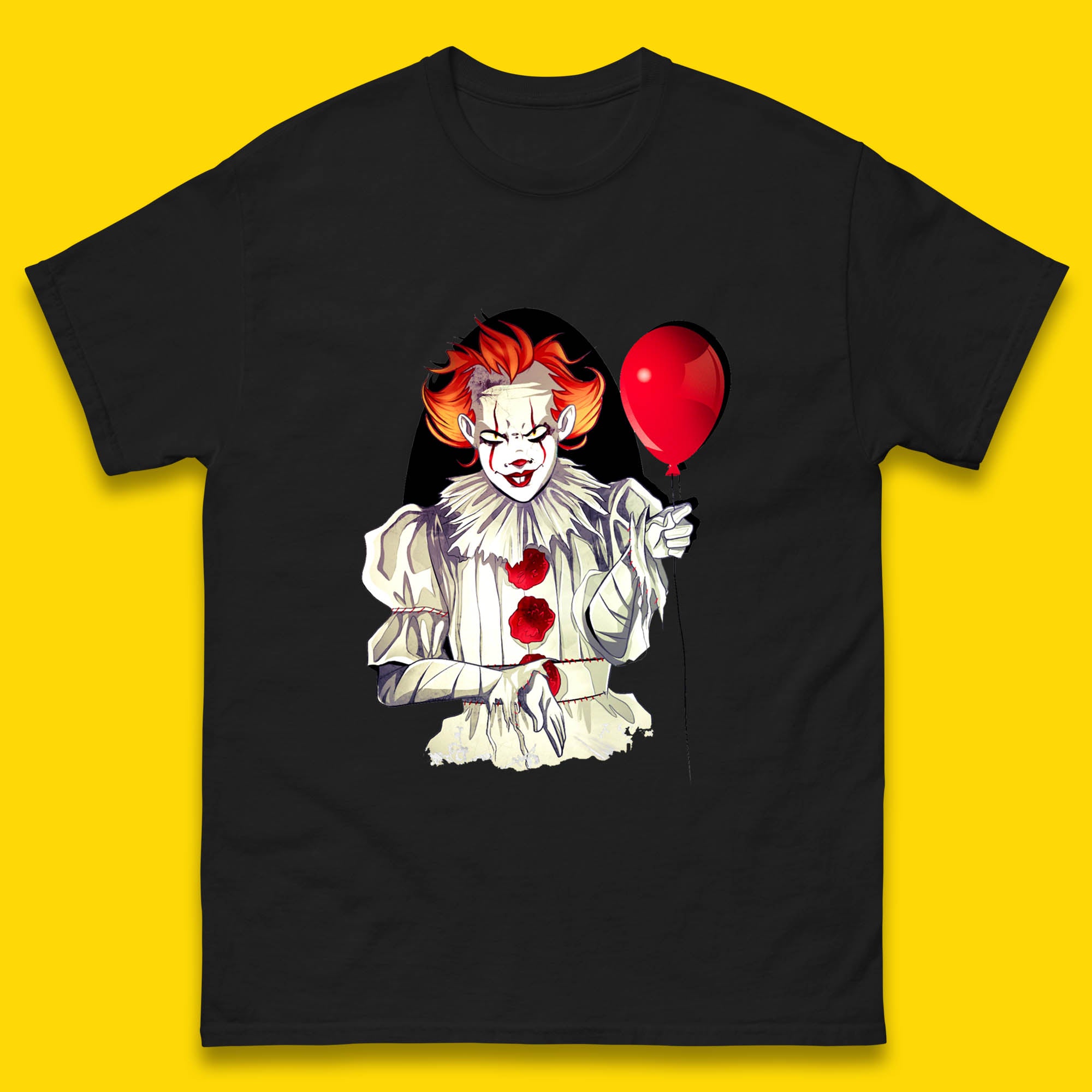 IT Pennywise Clown Holding Balloon Halloween Evil Pennywise Clown Costume Horror Movie Serial Killer Mens Tee Top XL