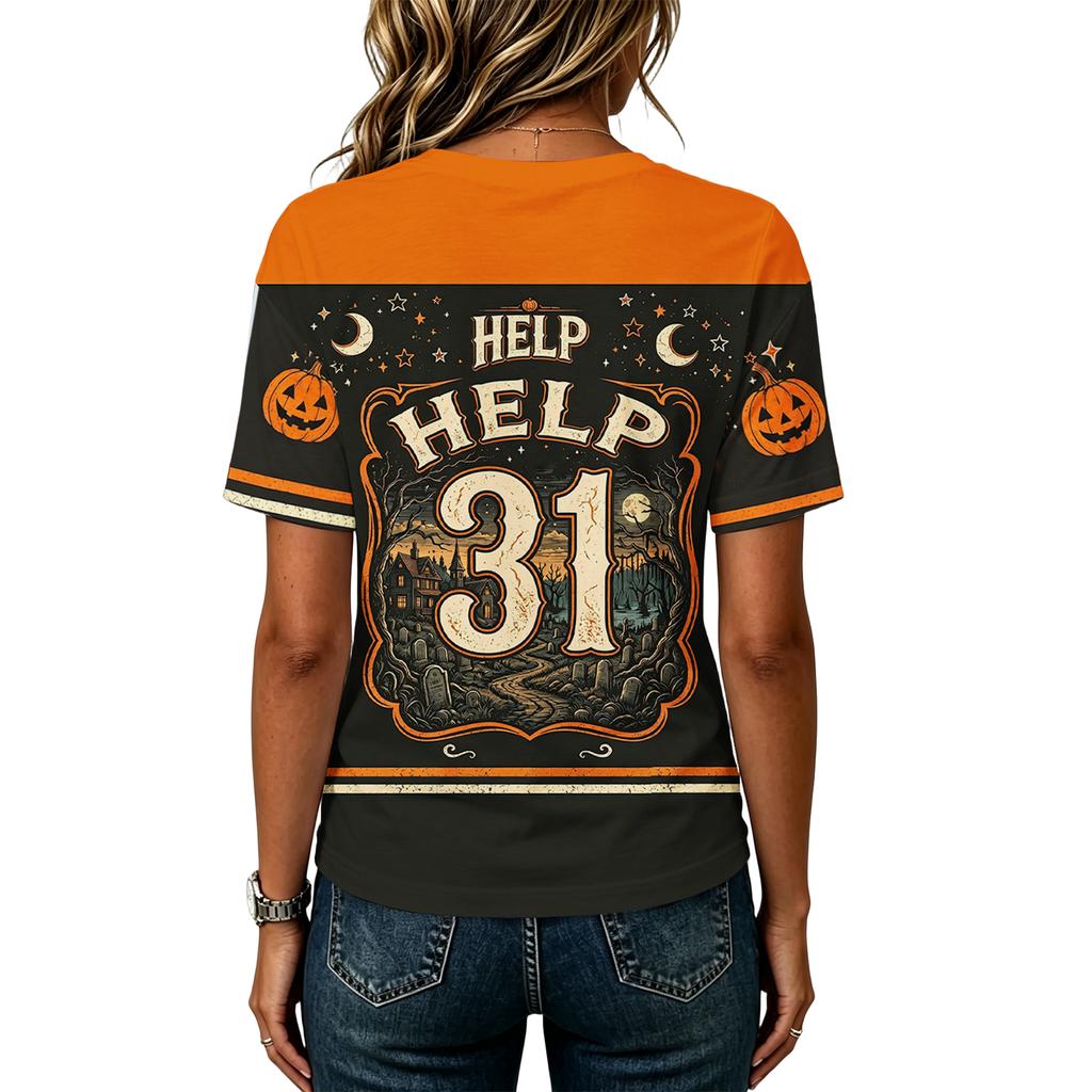 Women's Casual V-Neck Loose Fit Halloween Printed T-Shirt