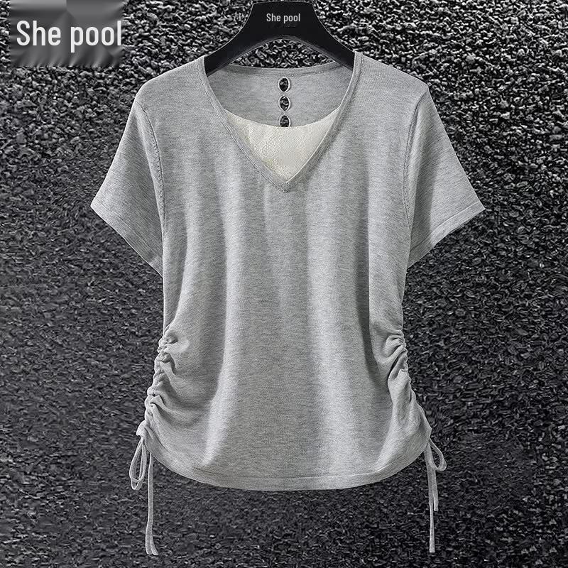 Women s Faux Two-Piece Lyocell Ice Silk Knit T-Shirt S
