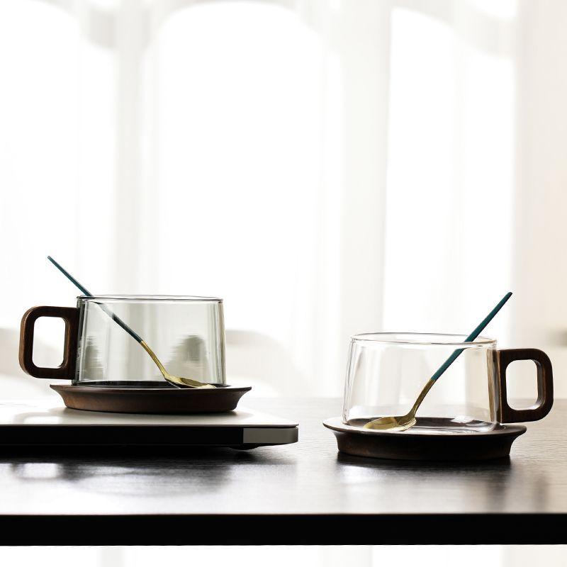 Japanese Transparent Glass and Wooden Coffee Cup and Saucer Afternoon Tea Dessert Tea Cup Large Capacity Office Tea Cup Decor