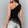 Women Solid Color One Shoulder Metal Buckle Lace Spliced Asymmetrical Hem Tank Top