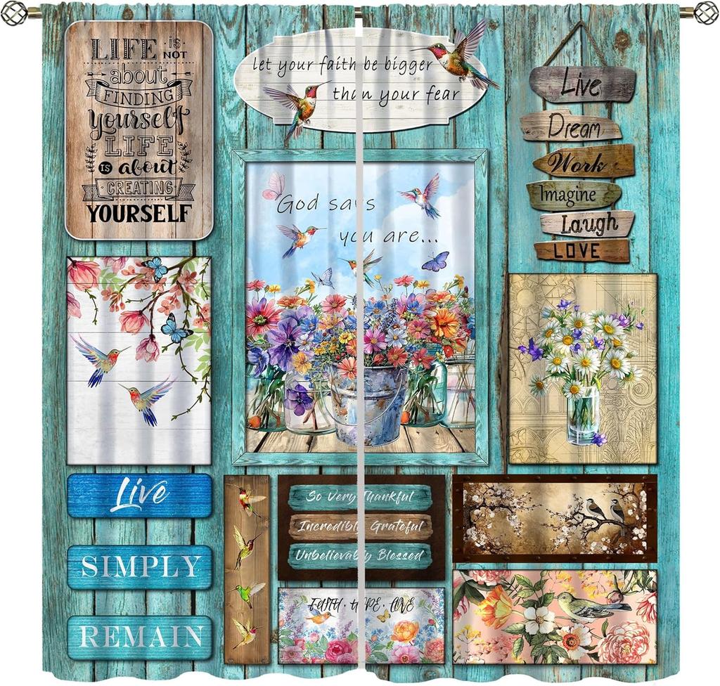 Birds Bible Verse Kitchen Curtains, Christian Rustic Flower Cross Scripture Quote Hummingbird Window Drapes For Bedroom