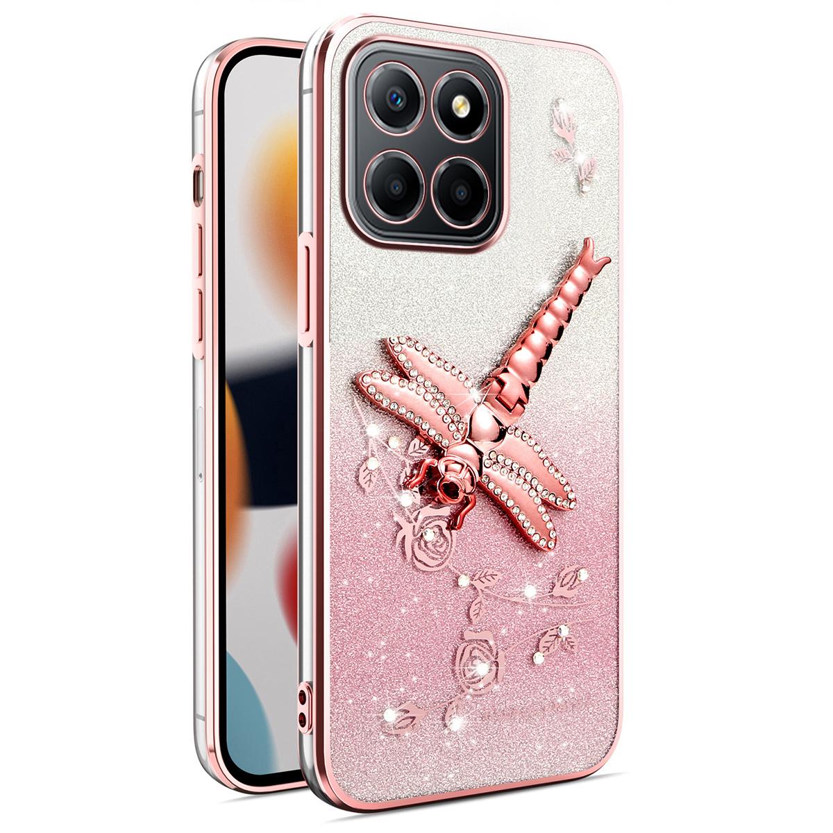 

KADEM Чехол для Honor X8 5G Подставка-стрекоза ТПУ Цветы Блестящая накладка на телефон Pink