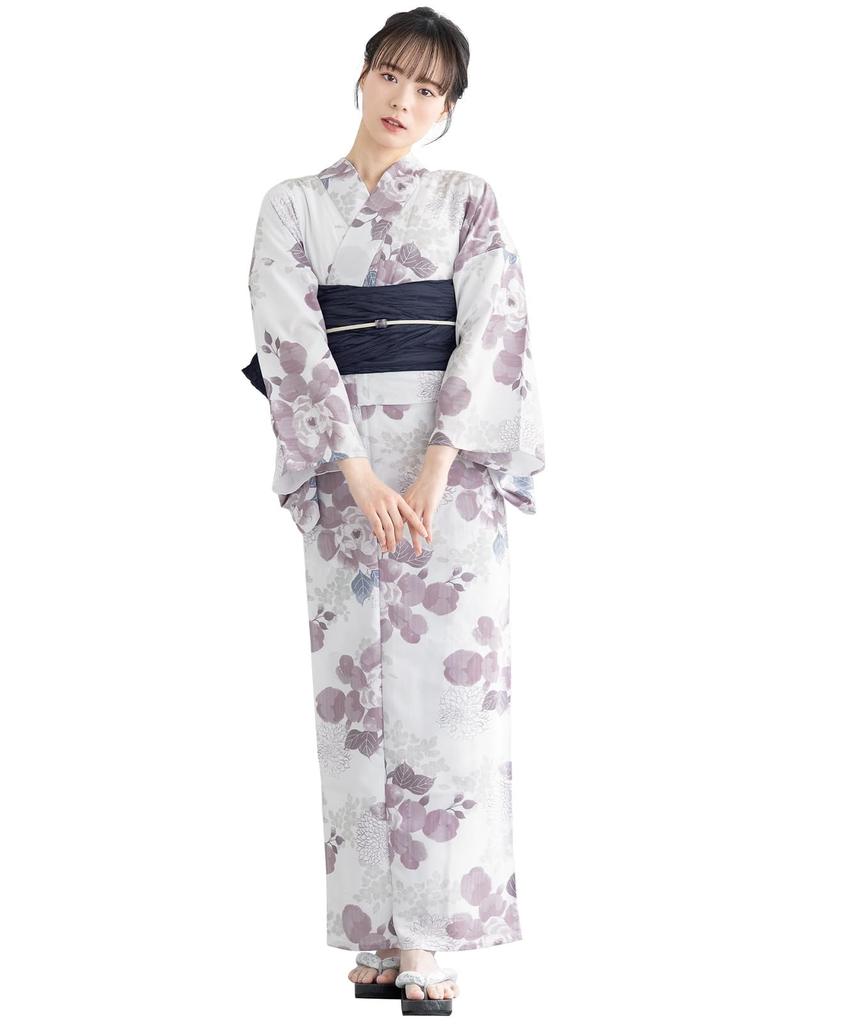 SOUBIEN Floro Yukata Set and Free Purple and Navy Chrysanthemum Design Women's 3-Piece (Yukata, Obi, Geta), Size, (ykt10145-obs00329)