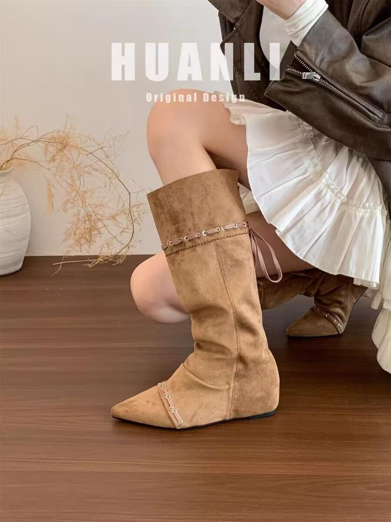 2025 early autumn new inner suede versatile knight boots western cowgirl pointed tassel pleated piled boots