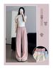 Petite High-Waisted Lazy Pink Polka Dot Summer Silk Pants