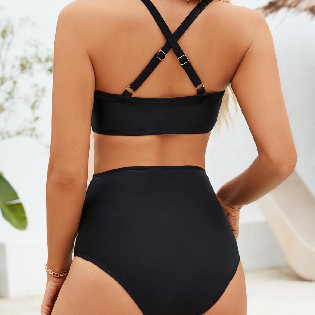 Tvådelad Baddräkt Enfärgad Rynkad Hög Midja Sexig Bikini Set Elegant