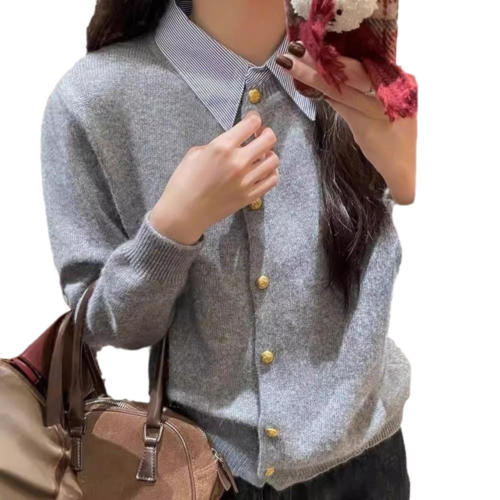 Korean version of gentle wind and thin temperament sweater jacket women's autumn and winter design shirt collar splicing knitted cardigan women