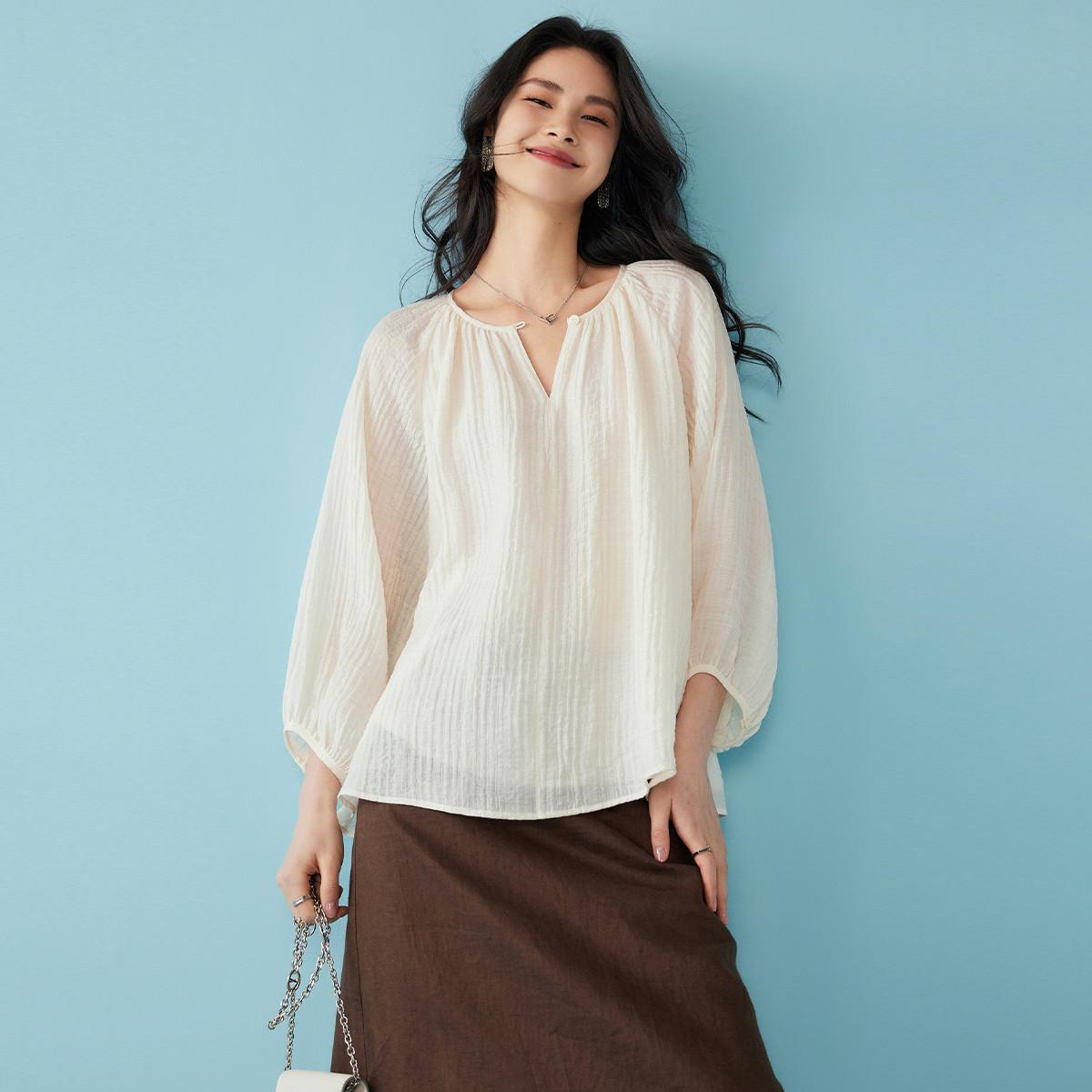 

Текстурированная пузырчатая марлевая рубашка с круглым вырезом для женщин, свободный французский топ с дизайном и рукавами-фонариками 2XL