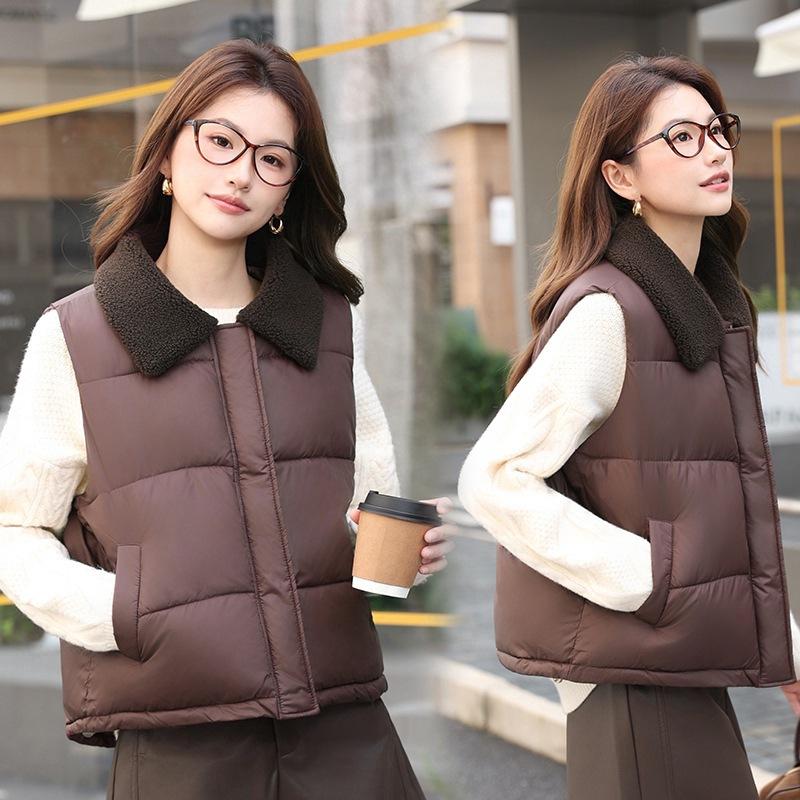 Xiaoxiangfeng lamb wool lapel down cotton vest women's short winter new fashion cotton vest thin vest