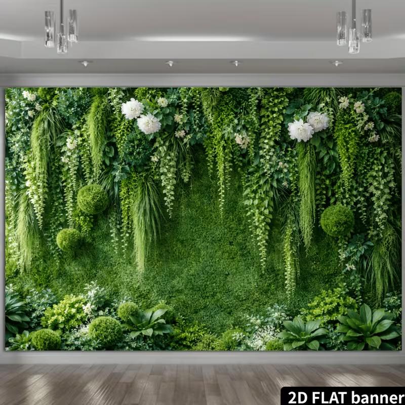 2D Natural Moss Wall with Greenery and White Blooms Photography Background