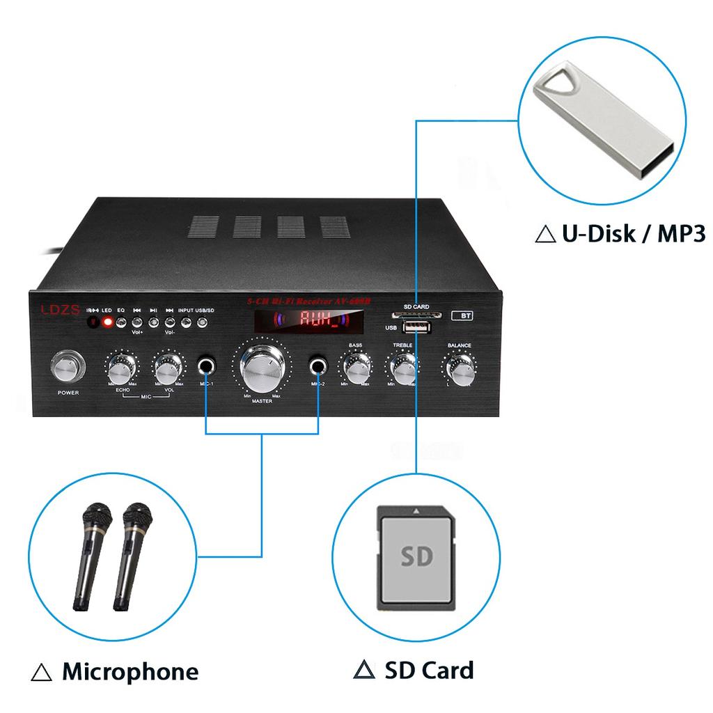 5CH Bluetooth Stereo Amplifier Hifi Audio Power Amp With Remote Control Support FM/USB Home Receiver Karaoke Car Music