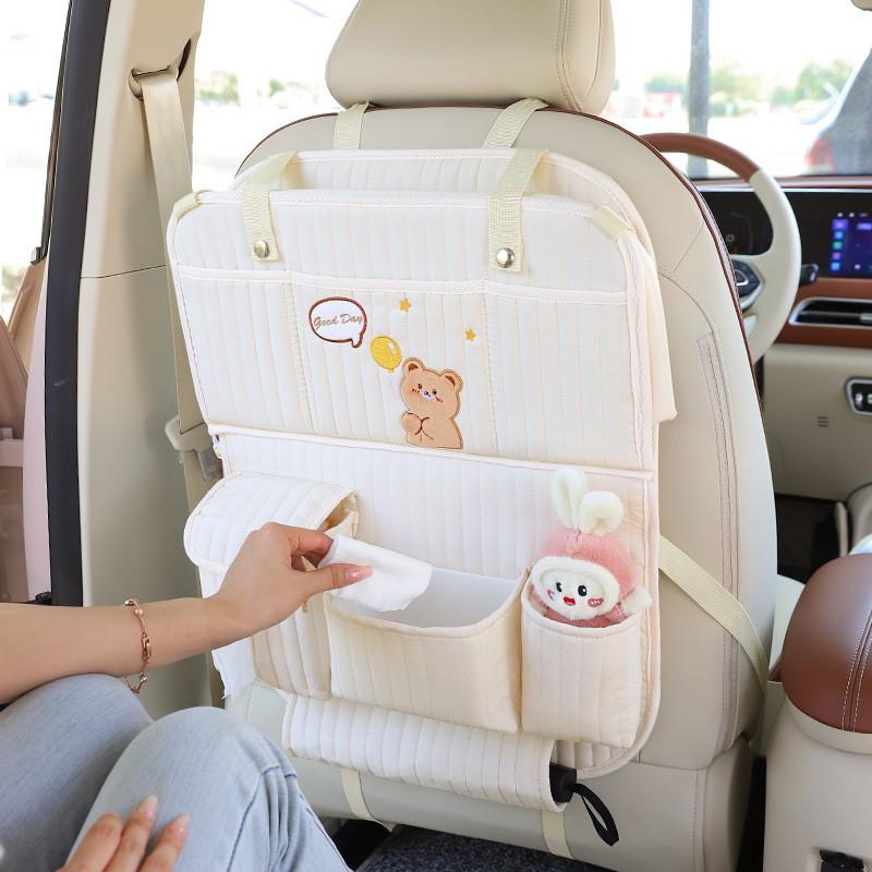 Car Backseat Organizer With Foldable Tray Storage Pouch Cotton Bear Design Hanging Seat Back Accessory