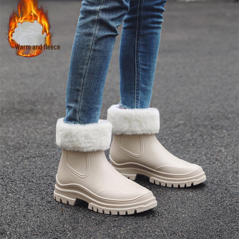 Bottes de pluie courtes imperméables pour femmes, doublées en polaire et antidérapantes en PVC