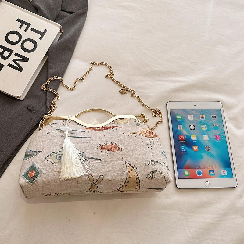 Nouveau Sac à Main Brodé Élégant Mode Femme Poignée Métallique Sac d'Épaule avec Longue Chaîne Sac Bandoulière Cadeau Dames portefeuille