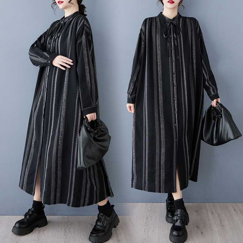 

Spring and Autumn Striped Shirt Dress one size