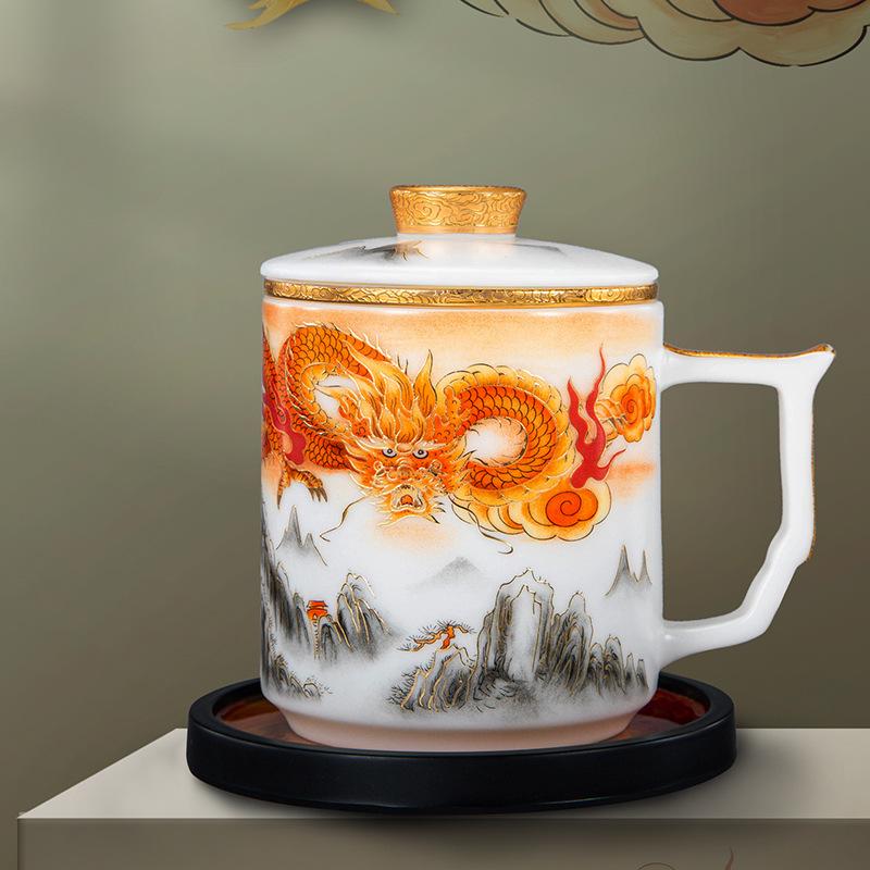 Four-Piece Ceramic Mug Set: Ice Jade Porcelain Tea & Water Separation Cup with Lid - Ideal Business Gift