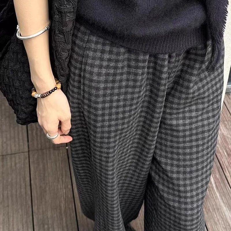 Korean Style High-Waisted Plaid Wool Wide-Leg Pants for Women - Autumn/Winter Trend