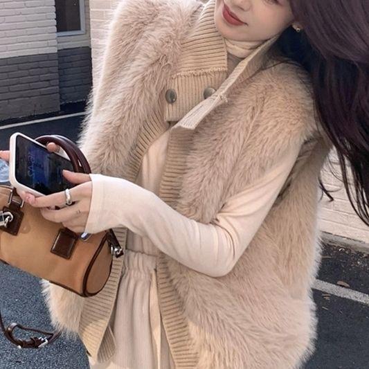 High Collar Knitted Splicing Vest Women's Vest Autumn and Winter Loose Plush Vest Sleeveless Jacket Fluffy Waistcoat