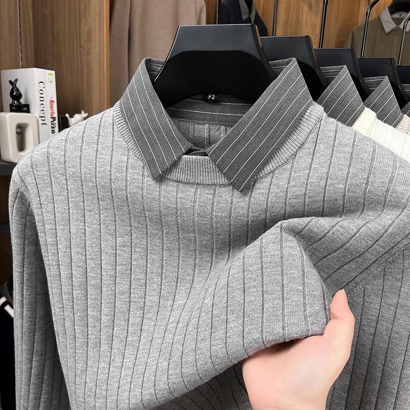 Men's Faux Two-Piece Autumn/Winter Knit Sweater with Shirt Collar - Casual Base Layer for Middle-Aged Dads