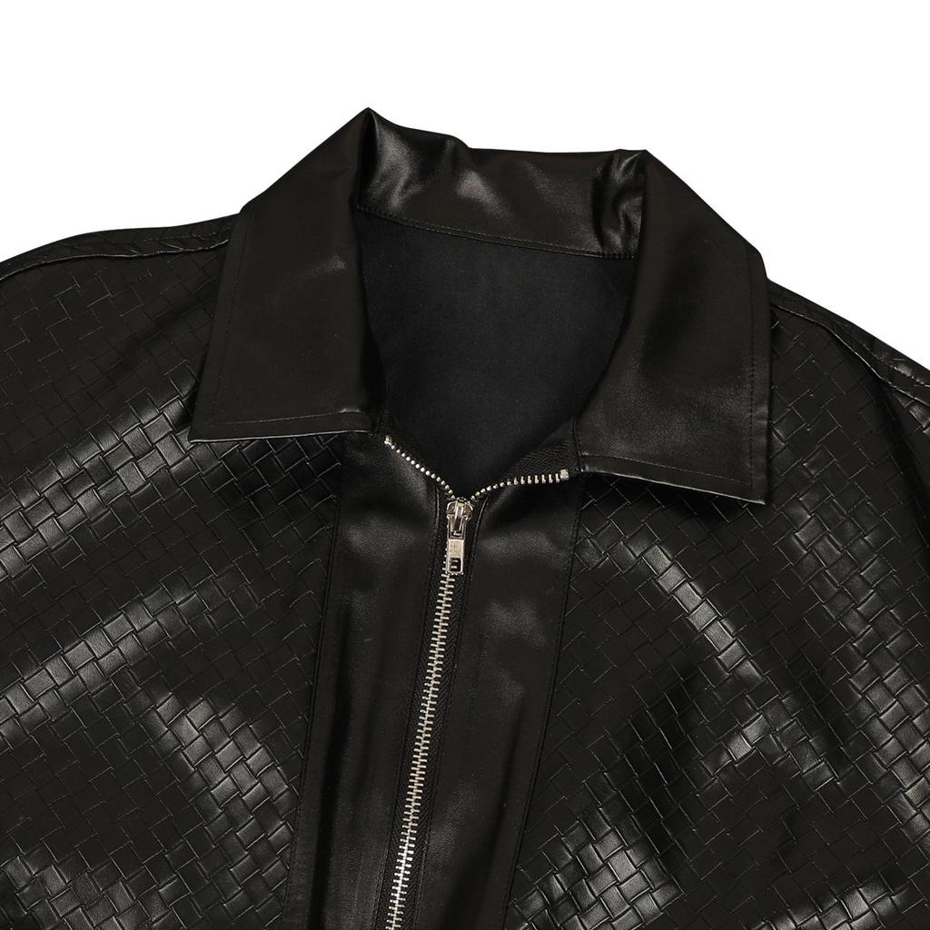 European & American Women's Two-piece Set: Weave Style Lapel Loose Leather Jacket with Shorts