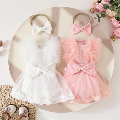 Sweet Summer Mesh Romper Dress with Bow & Headband for Baby Girls