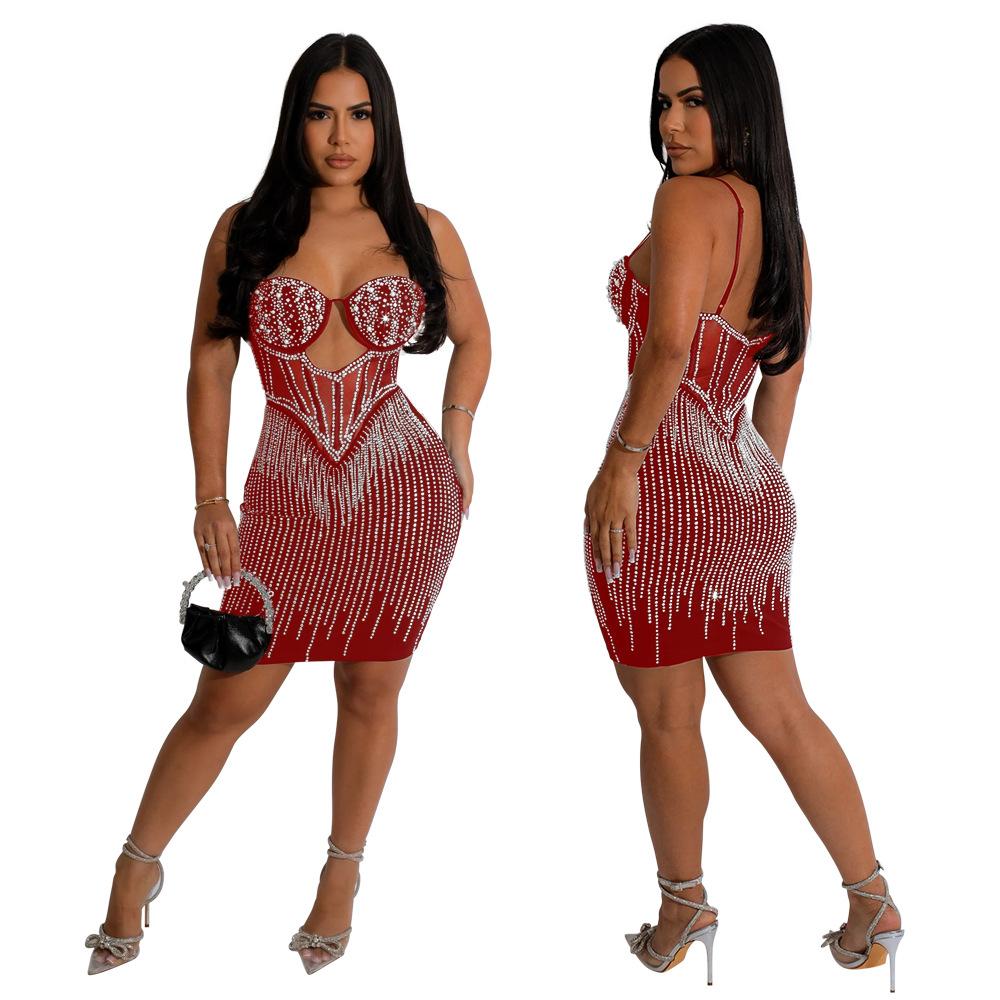 CY900891 European and American women's clothing, fashionable hot diamond party suspender hip A-shaped dress, dress women