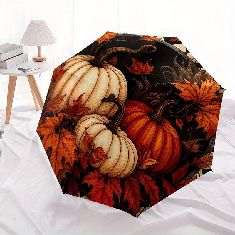 Autumn Harvest Pumpkin Placemat, Fall Leaves Table Decor Umbrella, Cute Umbrella with Cute Design, Portable 3-Fold Compact Umbrella for Men & Women, V