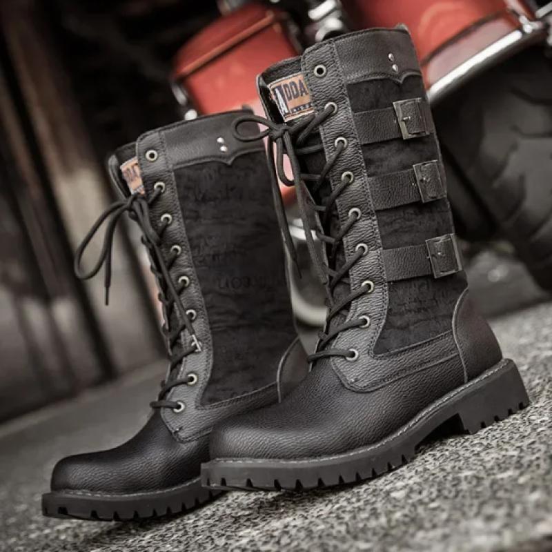 Luxus-Design Lederschnalle Riemen Mitte der Wade Männer Motorradstiefel Mode Schnürschuhe Britischen Stil Qualität männliche Schuhe Botas Hombre