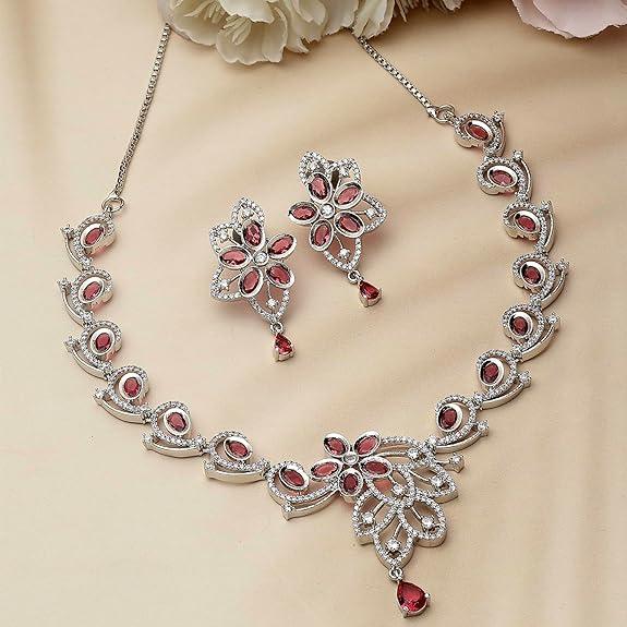 Rhodium-Plated American Diamond Studded Floral & Paisley Shaped Necklace With Earrings Jewellery Set For Girls and Women