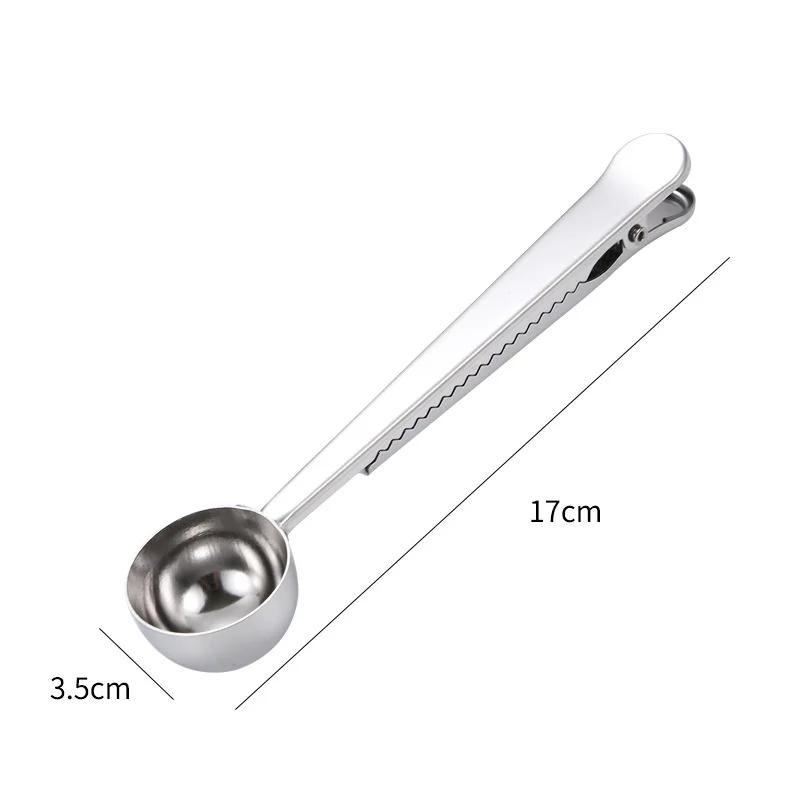 Cuchara de café de acero inoxidable dos en uno con clip de sellado, cuchara para café de cocina, clip de sellado para alimentos, cuchara medidora multifunción para granos de café