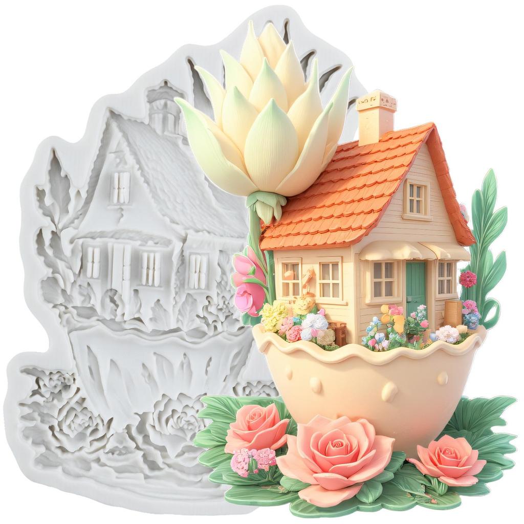 Fairy Garden House Silicone Mold Fairy Garden Rose House Fondant Molds Cake Decorating Tools Cupcake Topper Candy Sugar Craft Gum Paste Polymer Clay