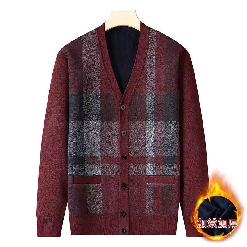 Middle-aged Elderly Autumn Winter Tops Velvet Thickened Warm Coat Sweater Men's Knitted Cardigan Knitted