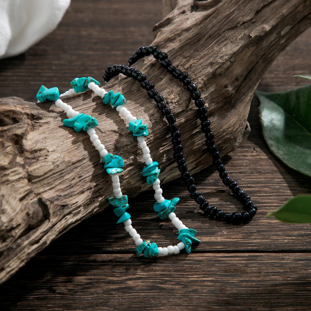 European and American Pine Stone Rice Bead Foot Chain for Men, Simple Beach Double Layered Stacked Foot Rope Versatile Beaded Jewelry Gift