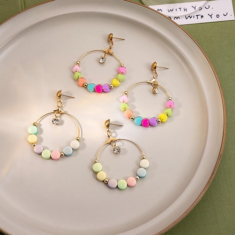 Dopamine Color Love Earrings, Niche Design Sense Contrasting Color Earrings, Small Fresh Geometric Round Earrings.