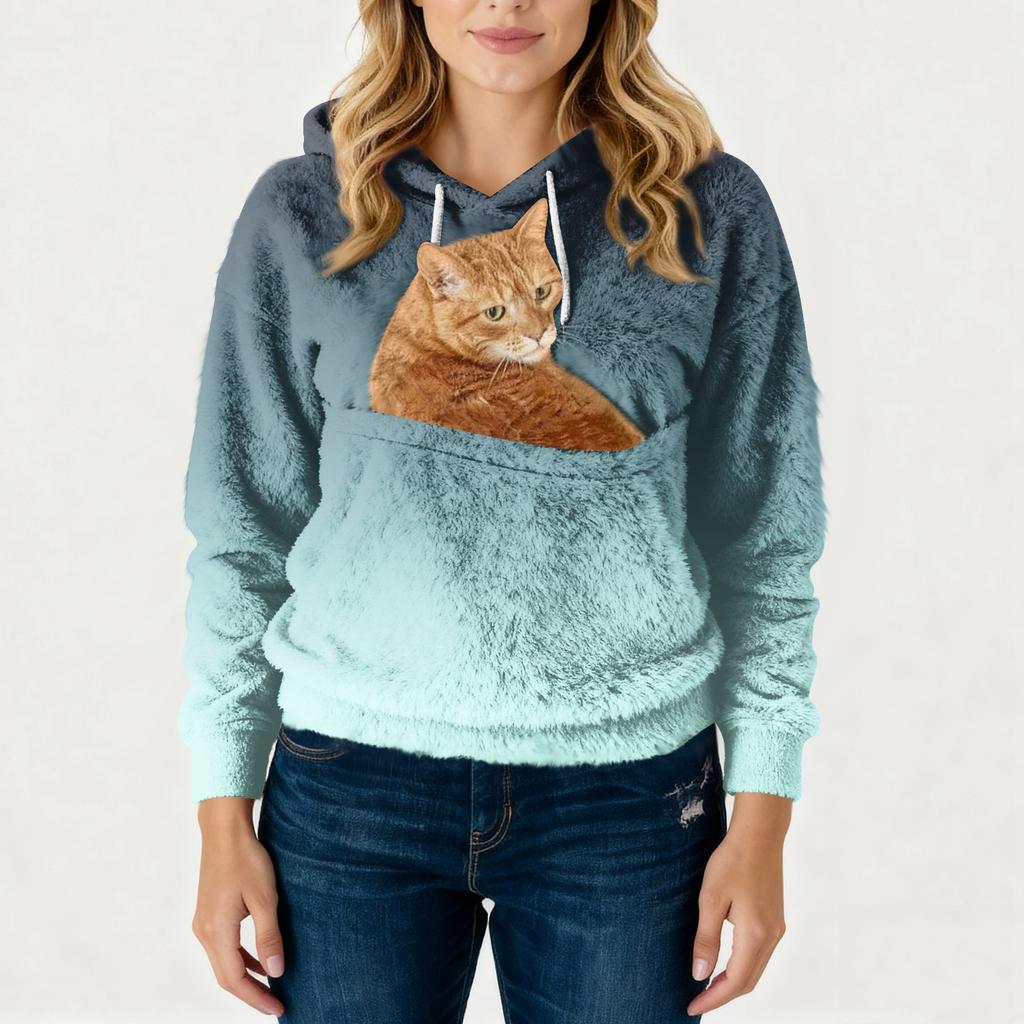 Damen Modisches Lässiges Fleecegefüttertes Langarm-Taschen-Kapuzen-Sweatshirt mit Aufdruck