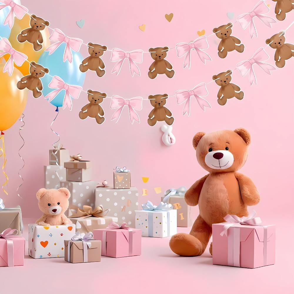 Cartoon Bow Bear Paper Banner Gender Reveal Theme Boy Girl Wall Hanging Garland for Kids Birthday Baby Shower Party Decoration