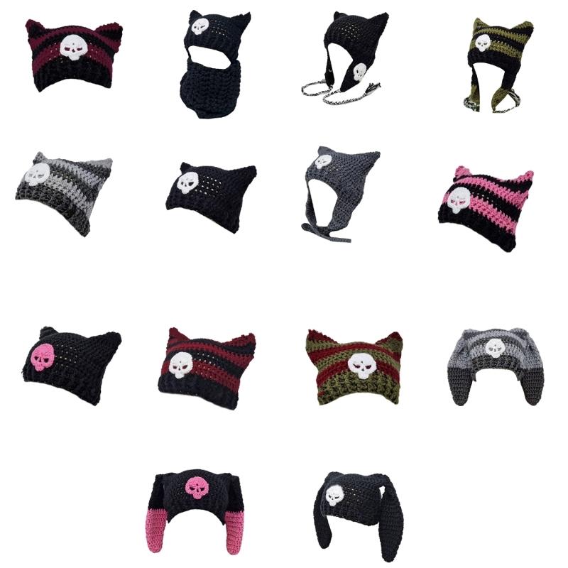 Y2K Anime Ear Cap Windproof Hat Female Beanie Headwear Handcrochet Pullover Hat