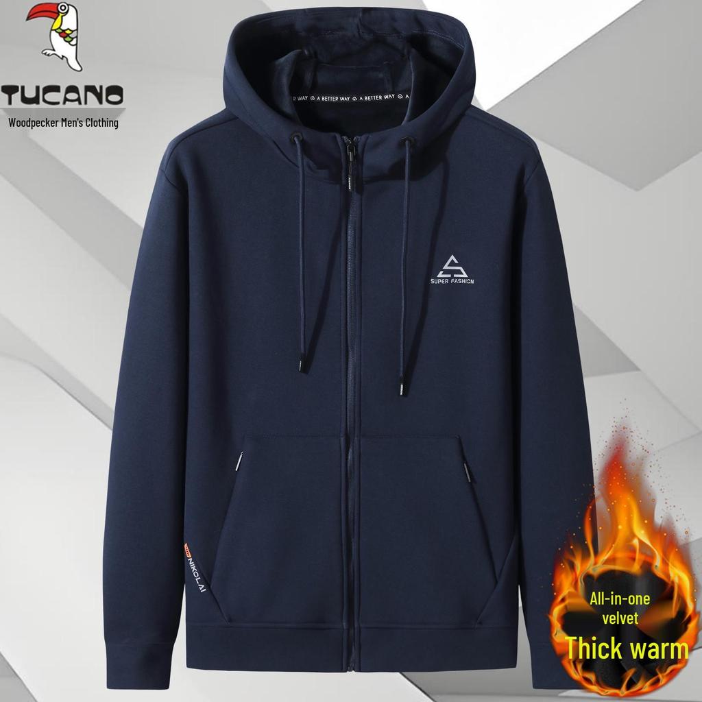 Men's Woodpecker Plus Red Knit Velvet Hoodie Jacket - Plus Size, Thin Fleece, Autumn/Winter Sports Cardigan