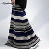Korean Fashion Autumn Spring Women Maxi Long Skirt High Waist Contrast Color Striped Knitting Skirt Knitted Elegant Feminine Ladies' Skirt