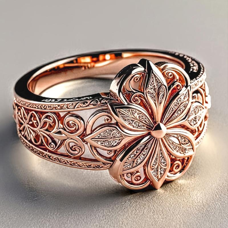 Huitan Gorgeous Women Ring Aesthetic Flower Engraved Design Trendy Accessories for Party Wedding Charming Chic Jewelry Lady Gift