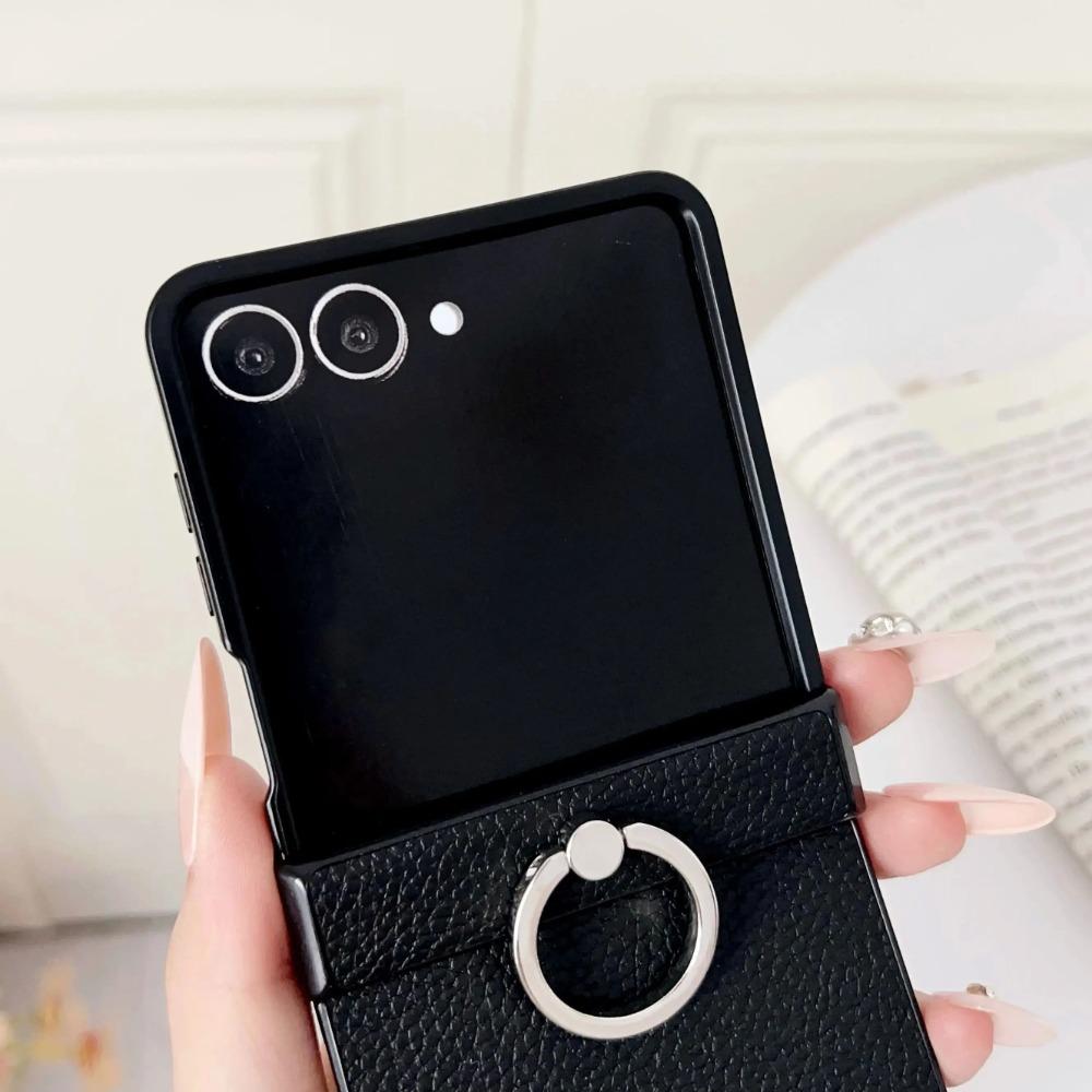 High-end Busine Sle Litchi Texture Leather Foldable Phone Case for Samsung Galaxy Z Flip 7 6 5 4 3 Ring Holder Protection Cover