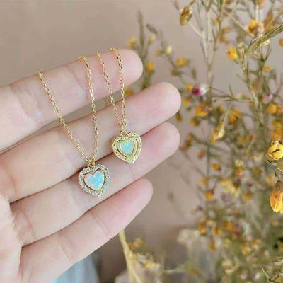 European & American Style S925 Sterling Silver Opal Heart Diamond Luxury Necklace for Women