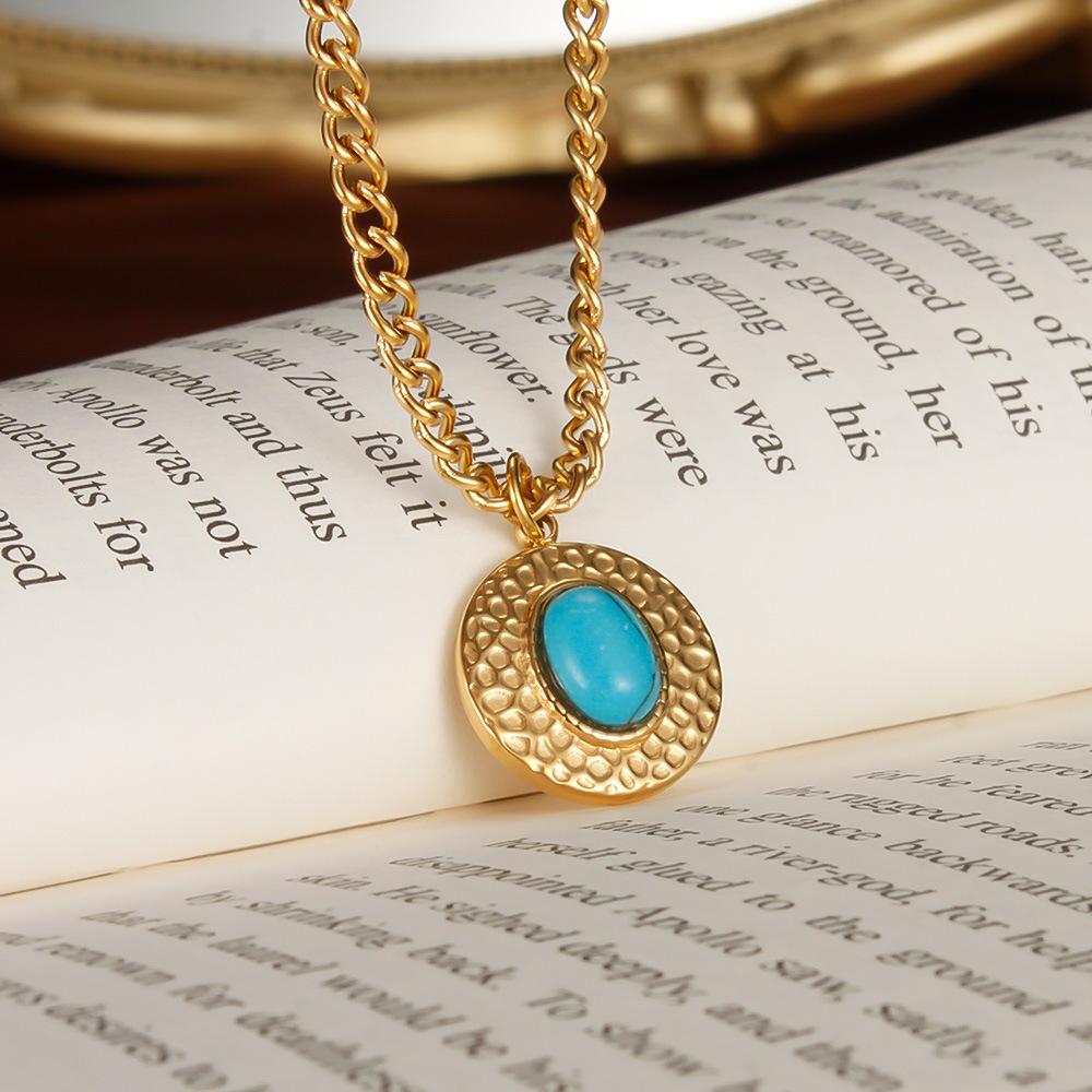 Simple Stainless Steel Round Irregular Turquoise Pendant Style Fashion Titanium Steel Necklace Women