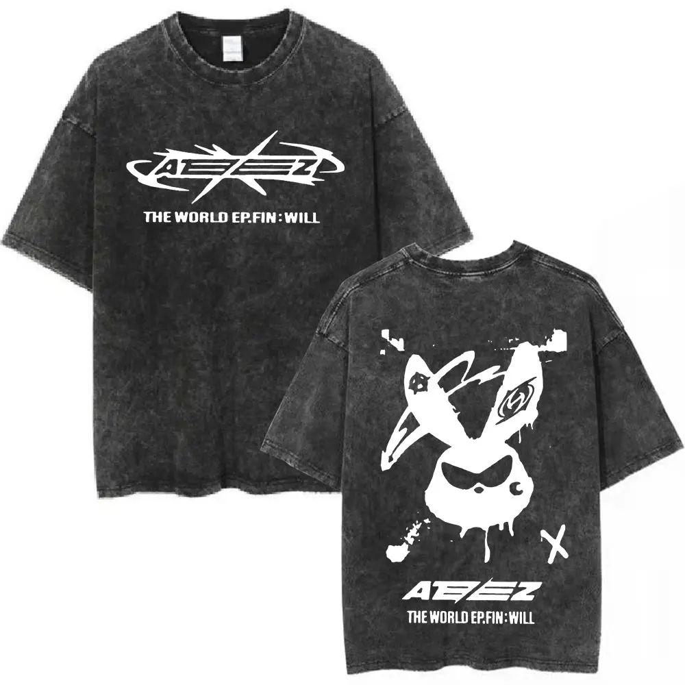2025 Ateez World Tour Towards The Light Will To Power Vintage Washed T-shirts Men Women Korean Kpop T Shirt Cotton T-shirt Tops