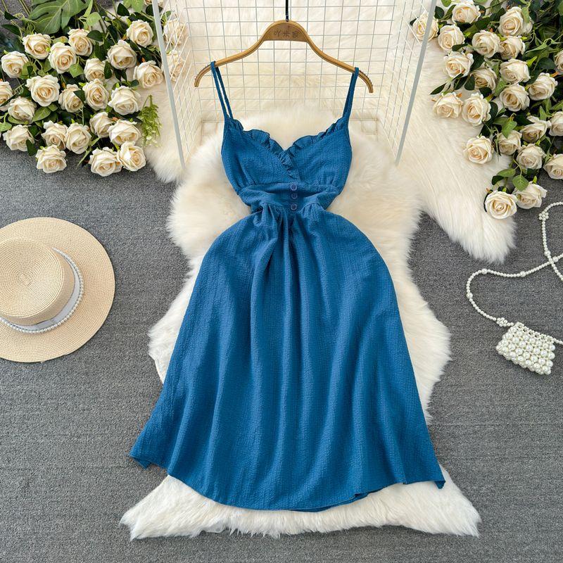 

Fashion V Neck A- line Seaside Vacation Sling Dress Dark Blue One size