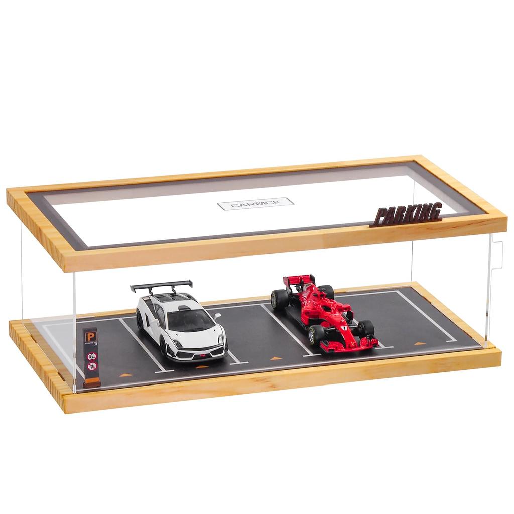 cxiiuui 1/43 Scale Miniature Car Storage Display Case, Car Model Wooden Storage Case with Parking Lot and Clear Acrylic Cover, Holds 5 Cars