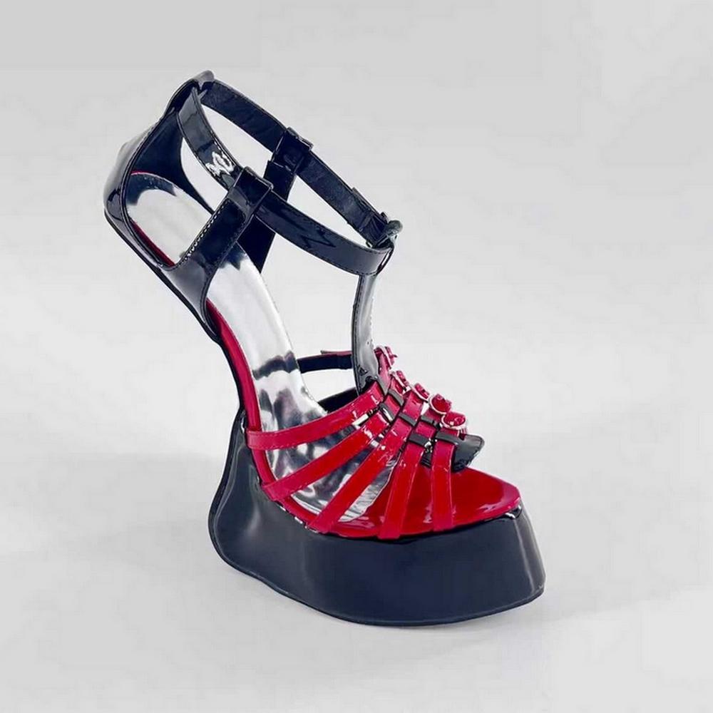Modelli alla moda con tacco a zoccolo alto 20 cm, Sandali senza tacco per spettacolo sul palco, Scarpe fetish da Pole Dance da uomo, Cinturino alla caviglia, Punta aperta, Rosso, Colori Personalizzati